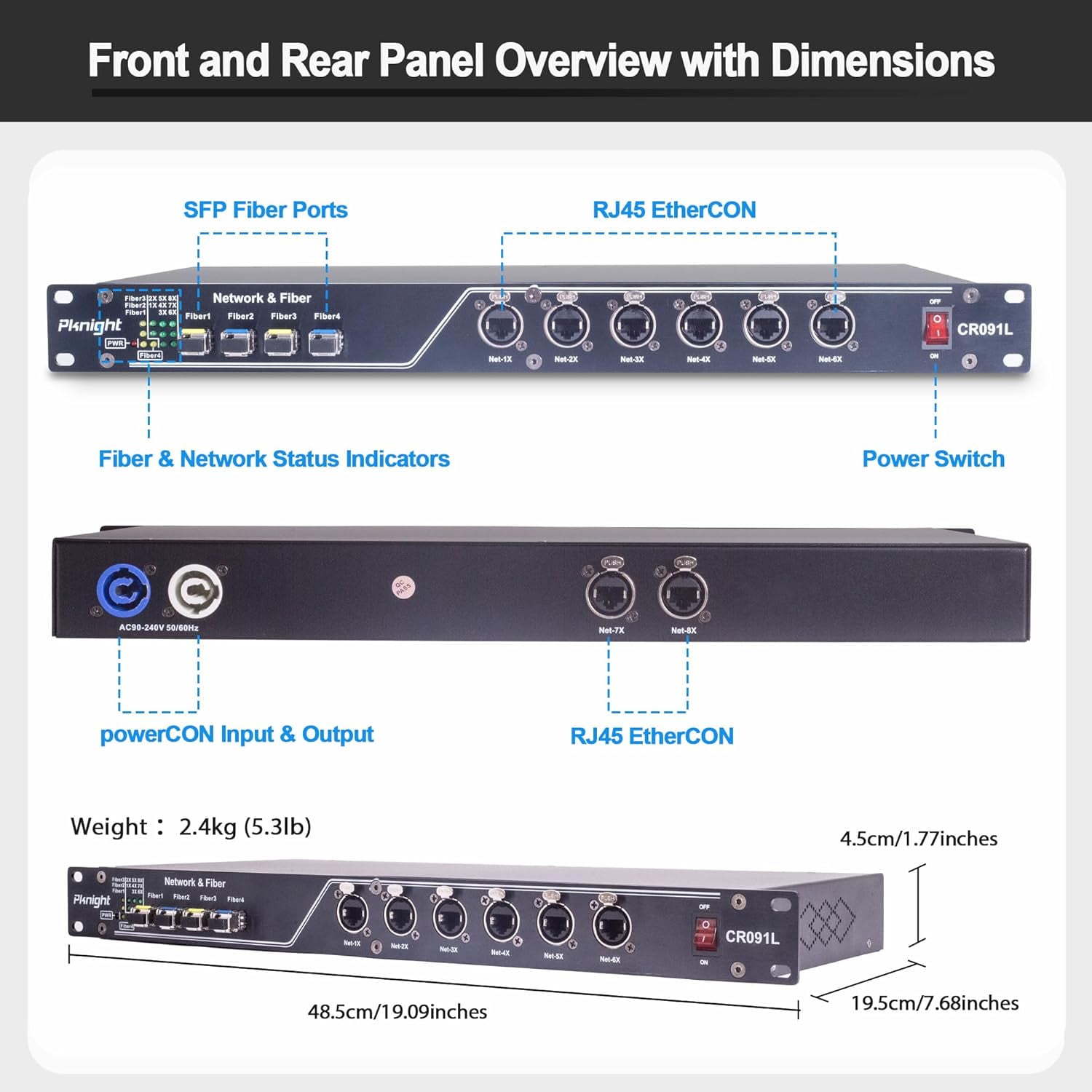 Pknight  Gigabit Fiber Ethernet Switch , 12 Port Hybrid , 4 SFP + 8 RJ45 . Industrial Rackmount Network Hub for Stage Lighting CR091L