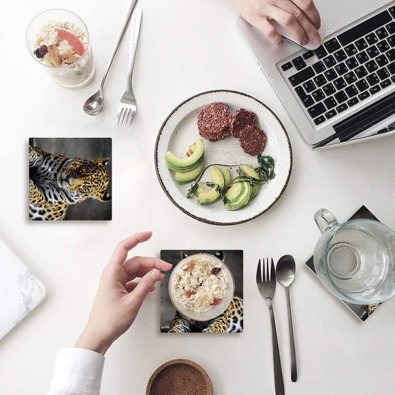 FMSHPON Leopard Set of 4 Coaster for Drinks, Absorbent Ceramic Stone Coasters Cup Mat with Cork Base for Home Kitchen Room Coffee Table Bar Decor