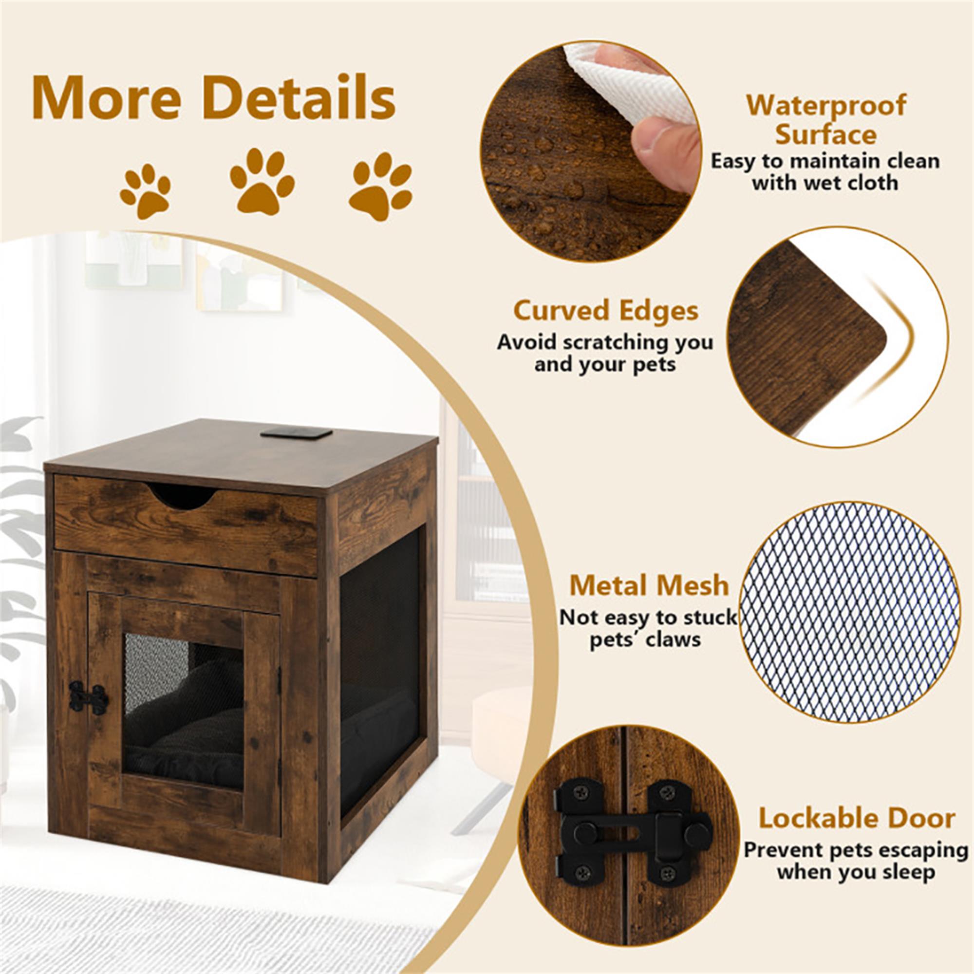 Kadyn 25" Dog Crates for Medium Dogs, Wood Dog Cage Furniture with Drawer and Removable Dog Bed, Dog Kennel for Indoor, Dog House, Brown