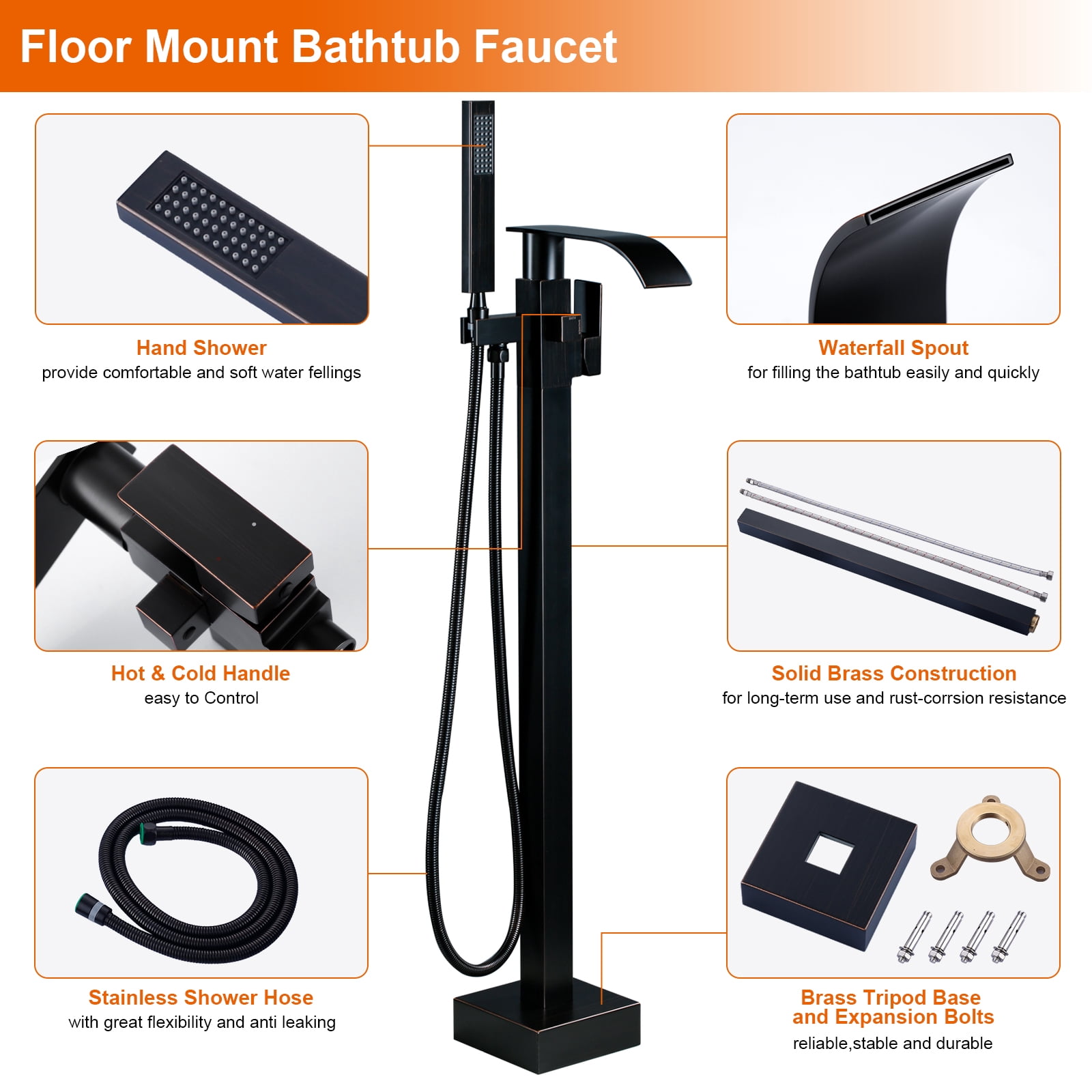 Wowow Brass Waterfall Single-Handle Floor Mount Freestanding Bathtub Faucet with Hand Shower and Supply Line