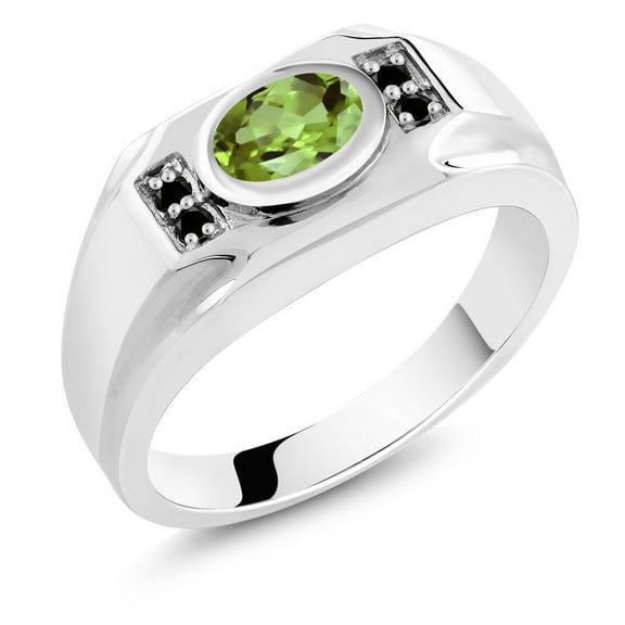 Gem Stone King Green Peridot and Black Diamond Ring for Men | 925 Sterling Silver | 1.46 Cttw | Gemstone August Birthstone | Oval 8X6MM | Available in Size 7, 8, 9, 10, 11, 12, 13 | Size 13