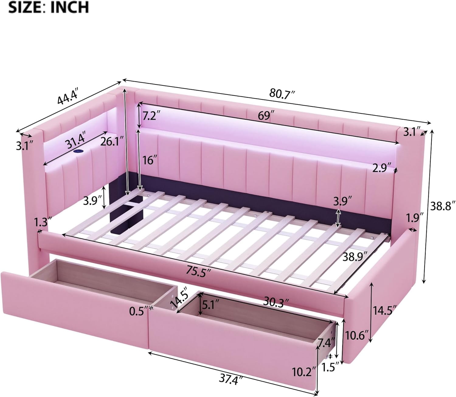 AISWORD Twin Size Daybed with Storage Drawers and L-Shaped Bookshelf Headboard, Upholstered Soft Corner Bed with Shelves, Charging Station and LED Belt, Pink