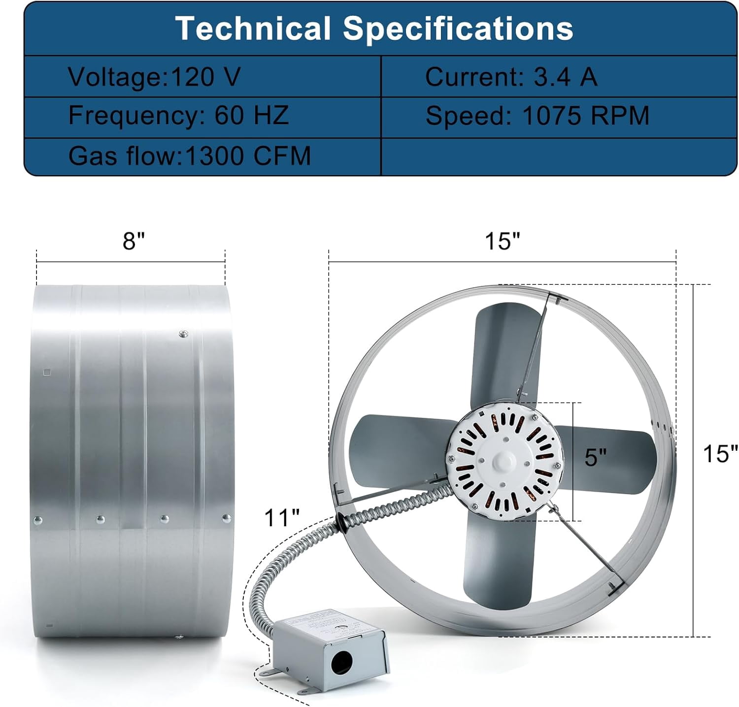 15" Gable Mount Vent Attic Fan,Exhaust Ventilation Fan with Adjustable Thermostat & Remote Control Switch for Gable,Home,Shed,Garage,Portable Building,1300CFM,1850 Sq.Ft Coverage Area.