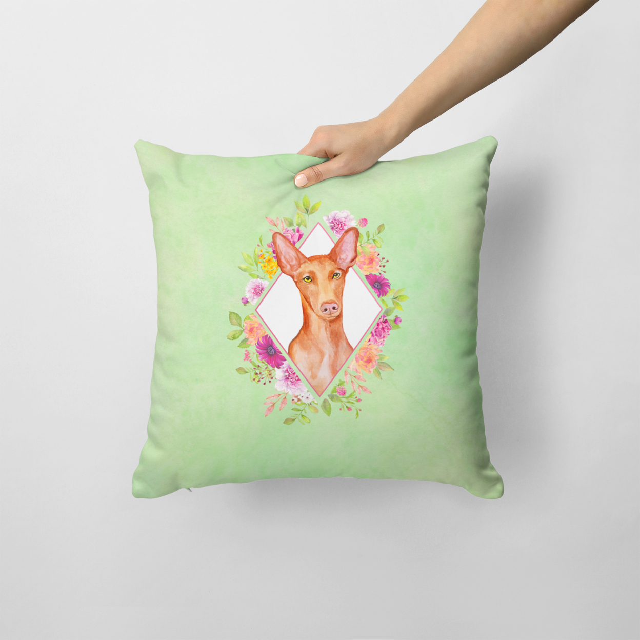 Carolines Treasures CK4328PW1414 Pharaoh Hound Green Flowers Fabric Decorative Pillow 14Hx14W multicolor