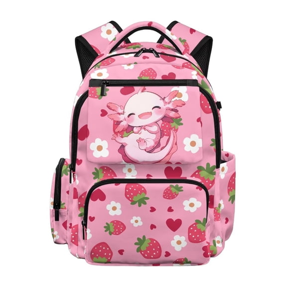 Pzuqiu Strawberry Daisy Axolotl Kids Backpack School Backpack for Kids Lightweight Breathable School Bookbags 17 Inch for Daily Use Short-Distance Travel Hiking Age 6-18