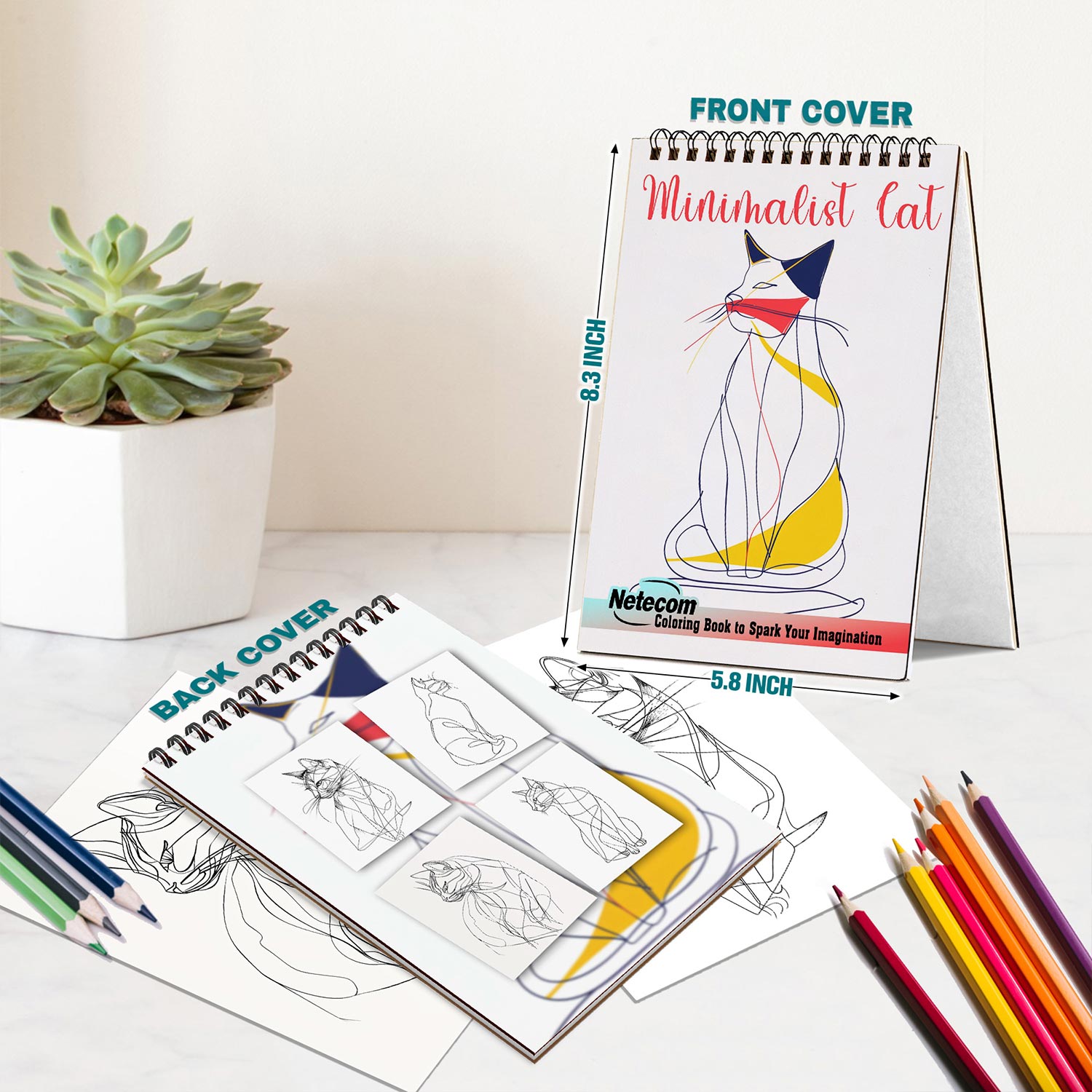 Netecom Minimalist Cat Coloring Book for Adults, A5 Wooden Cover, 30 Simple Coloring Pages of Feline Serenity for Stress Relief and Relaxation, Spiral Bound Edition