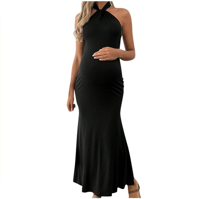 Robe Maxi de Maternité, Longue Robe Noire Dos Nu à Col Licou pour Vacances, Robe Moulante de Soirée