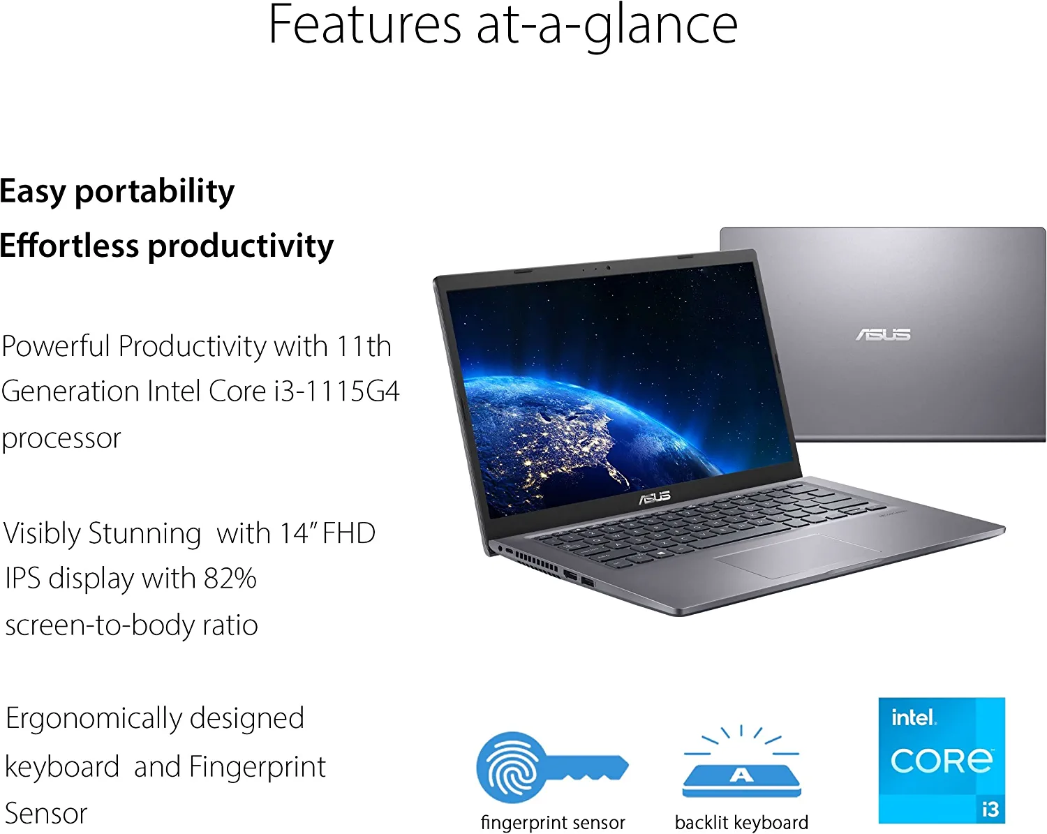 ASUS VivoBook 14 Laptop Computer, 14" IPS FHD Display, Intel Core i3-1115G4 Processor, 4GB DDR4, 128GB PCIe SSD, Fingerprint Reader, Windows 11 Home in S Mode, Slate Grey, F415EA-AS31