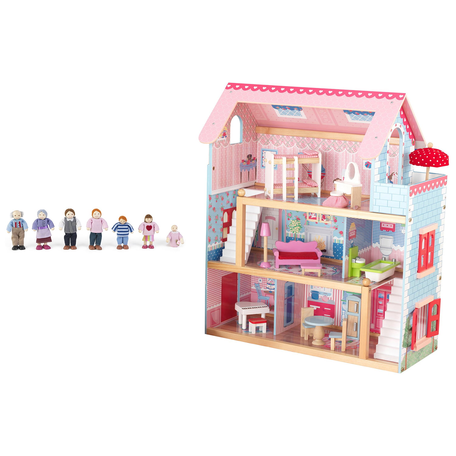 KidKraft Chelsea Wooden Dollhouse Play Cottage with Furniture and Doll  Family