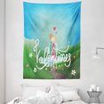 thumbnail image 1 of Kissing Tapestry, Happy Valentine's Day Calligraphy Cartoon Couple in Outdoor Scenery Backdrop, Wall Hanging for Bedroom Living Room Dorm Decor, 60W X 80L Inches, Multicolor, by Ambesonne, 1 of 2