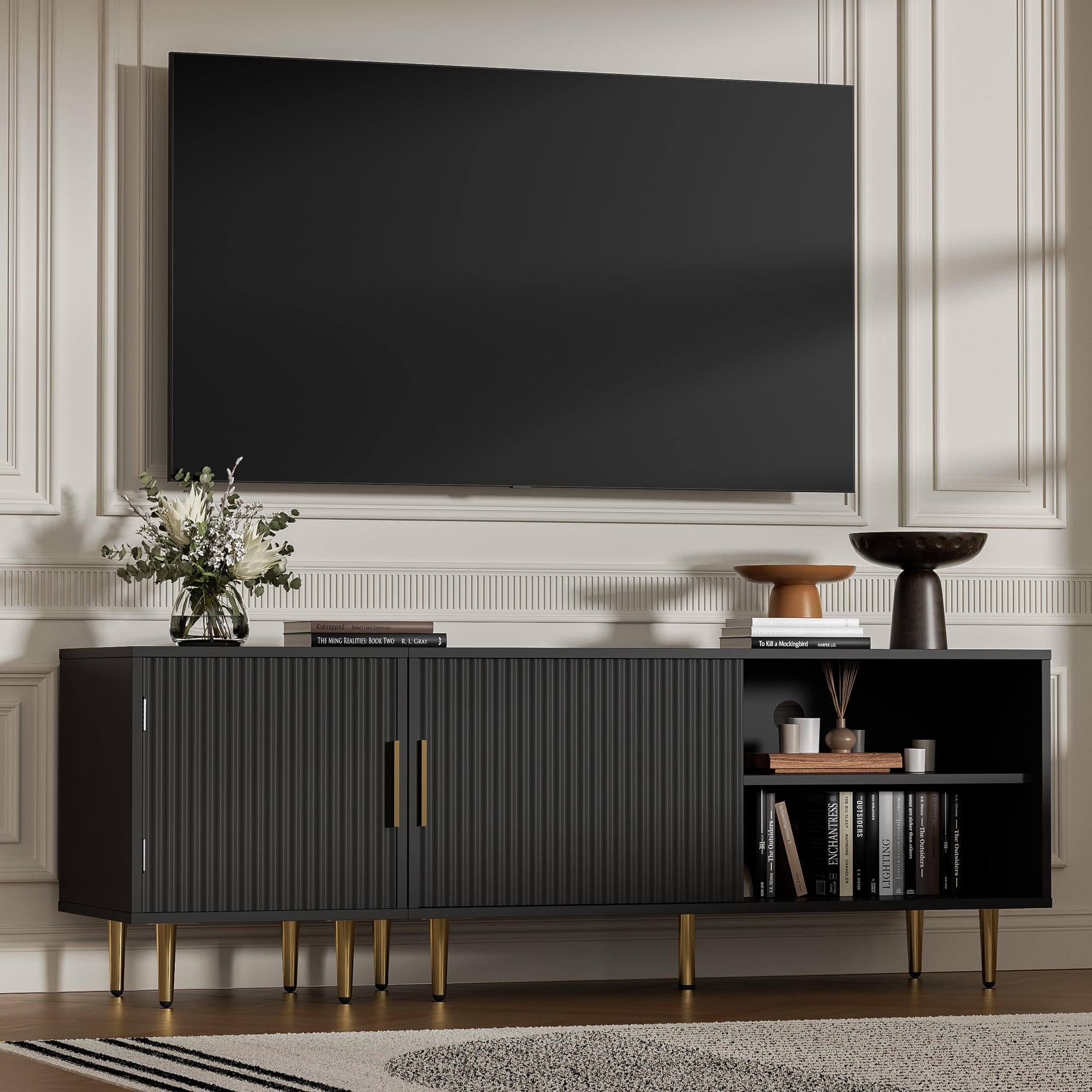 Combined Modern TV Stand For 55/60/65Inch TV,Small Entertainment Center With Adjustable Shelf,TV Media Stand With Storage Cabinet, TV Console With Gold Legs For Living Room,Bedroom,Black