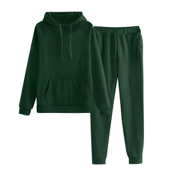 Dwralegc Lounge Sets for Women 2025 Long Sleeve Fleece Hoodies Baggy Drawstring Wide Leg Sweatpant Running Solid Color Winter Tracksuit with Pockets Dark Green S