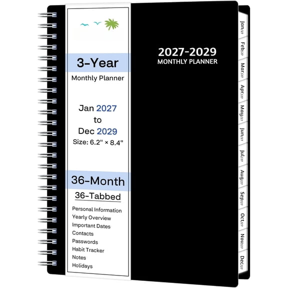 Monthly Planner 2027-2029, 3-Year Calendar Planner 2027-2029, Jan 2027 - Dec 2029, 6.2 x 8.4 In, Ruled Spread, Flexible Cover, Spiral Wirebound, Pocket, 36 Coated Monthly Tabs, Notes & Habit