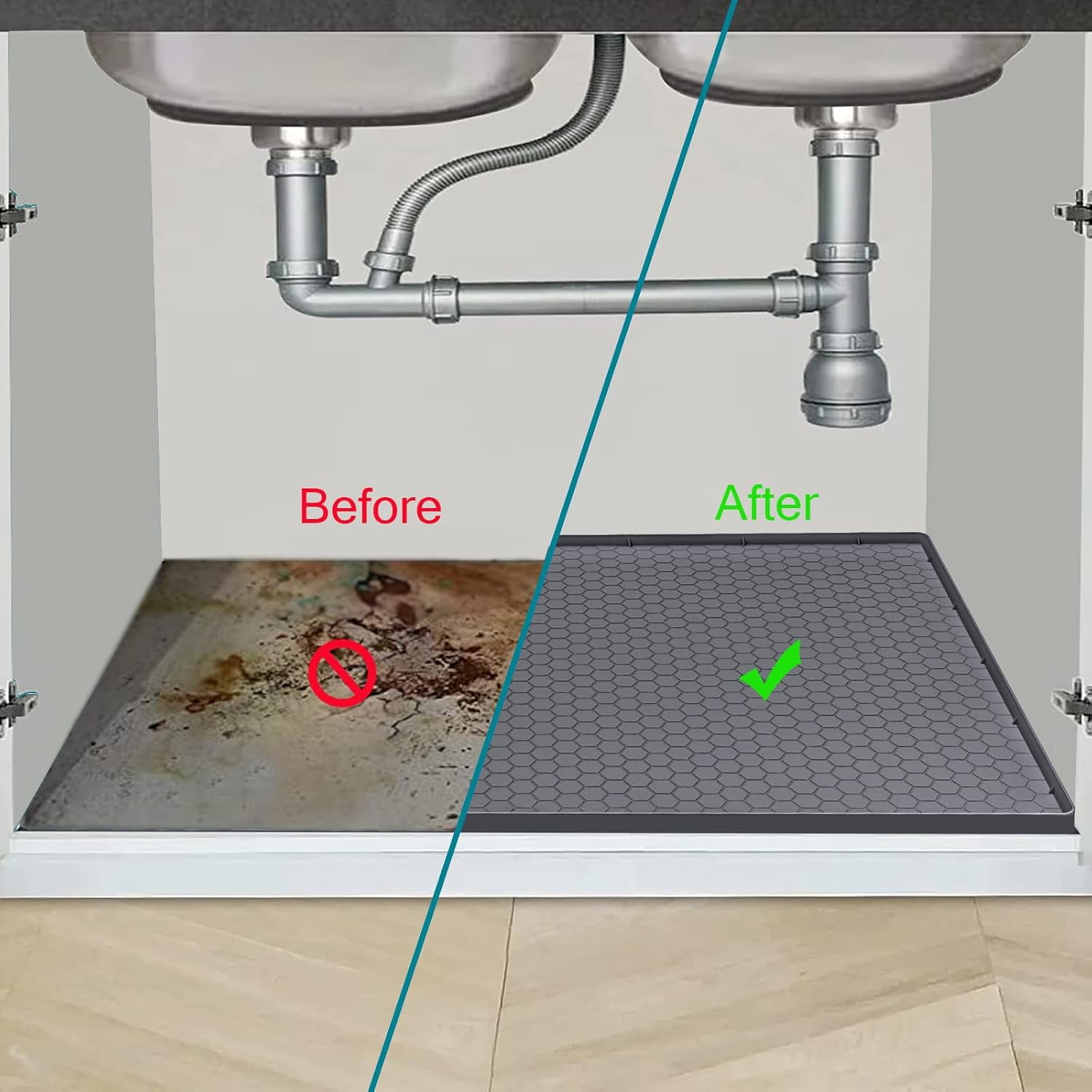 Under Sink Mat 22 x 19, Silicone Under Sink Protector Mat for Kitchen Waterproof, Easy to Clean Bathroom Cabinet Mat Organizers and Storage, Grey