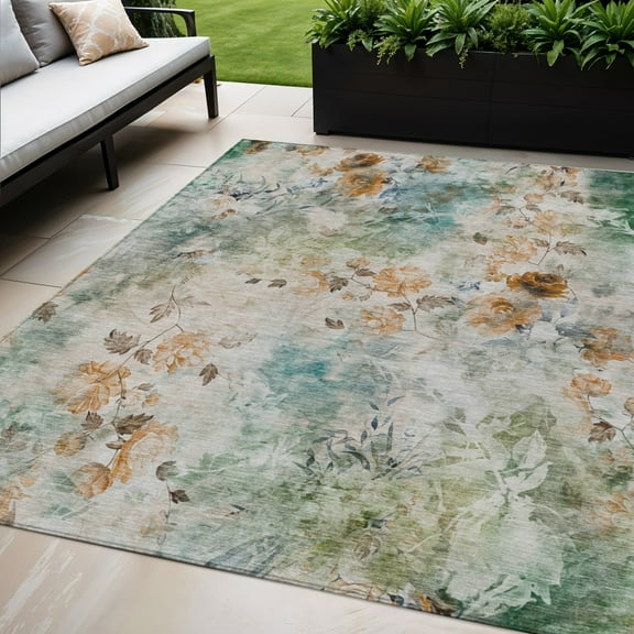 5' X 8' Teal Blue And Green Floral Washable Indoor Outdoor Area Rug