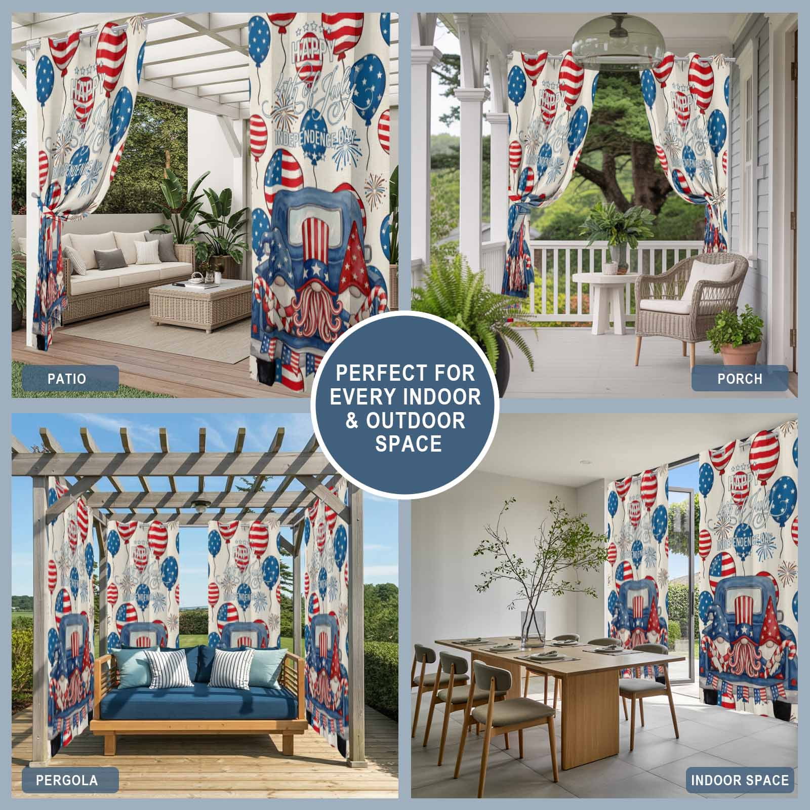 Independence Day Outdoor Curtains for Patio, Watercolor Blue Truck Colorful Balloon Cute Gnomes Sunshade Privacy Drapes Grommet Waterproof Outside Curtains for Porch/Cabana/Balcony 54"x 108", 1 Panel