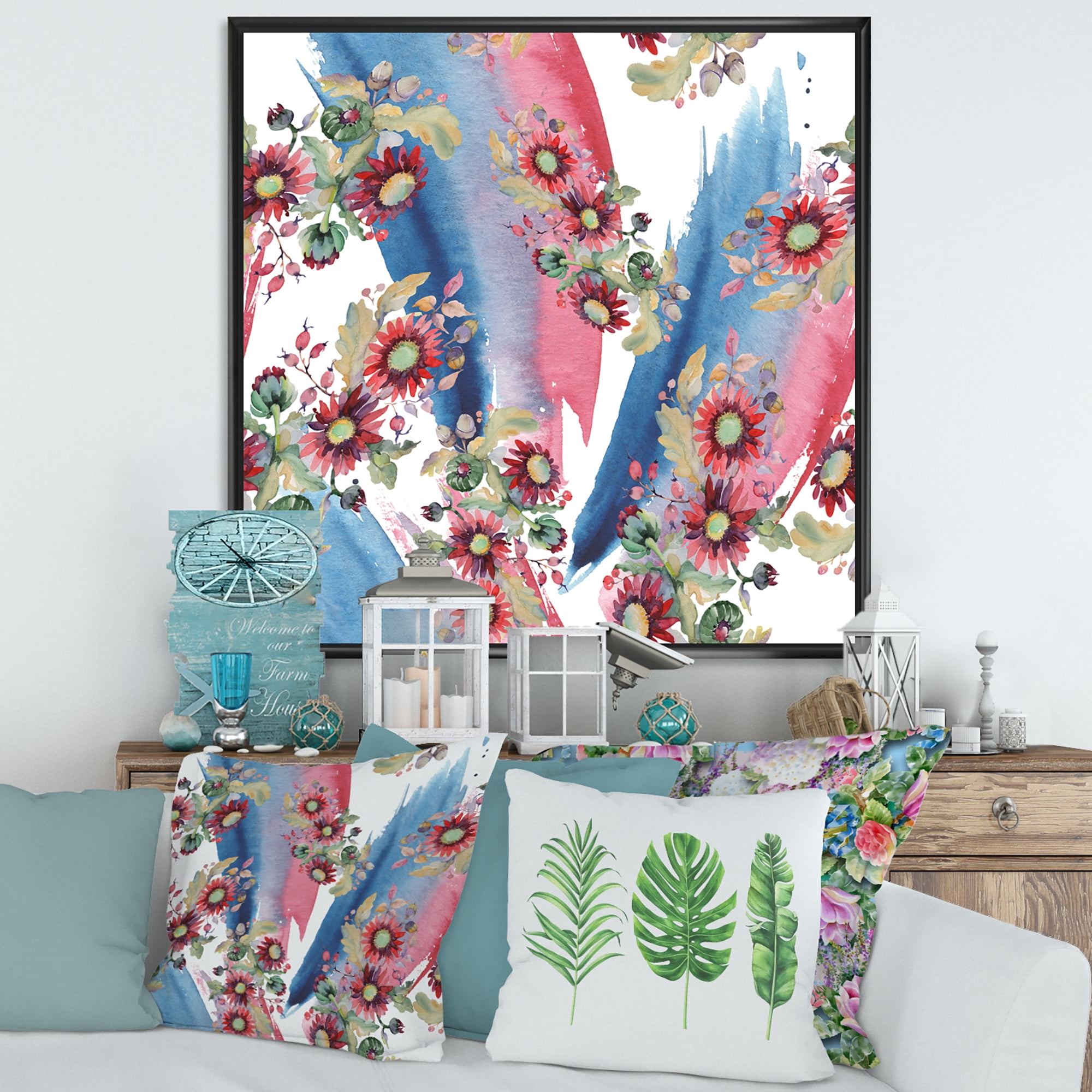 Designart 'Acorn Bouquet and Red Aster' Modern Framed Canvas Wall Art Print
