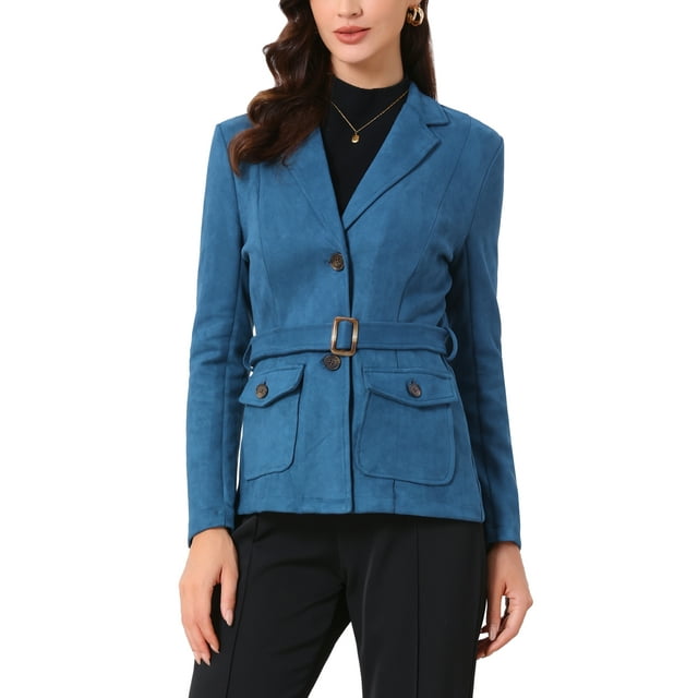 BLAZER DE TRABAJO DE MANGA LARGA CON CINTURÓN DE SUEDE SINTÉTICO PARA MUJERES INSPIRE CHIC TALLA L AZUL PEACOAT