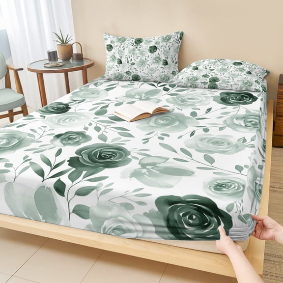 Full Size Fitted Sheet Set - Sage Green Flower 3 Piece Bedding Sets 16" Deep Pocket Fitted Sheet with 2 Pillowcases Vintage Rose Floral Botanical Leaf Brushed Microfiber Hotel Luxury Bed Sheets