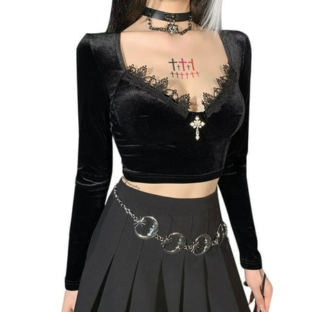 

Pianpianzi Juniors Fall Tops Rayon Spandex Tops Women Scrub Jackets Women Women Sexy V-neck Gothic Retro Elegant Black Lace Long Sleeve Top Shirt