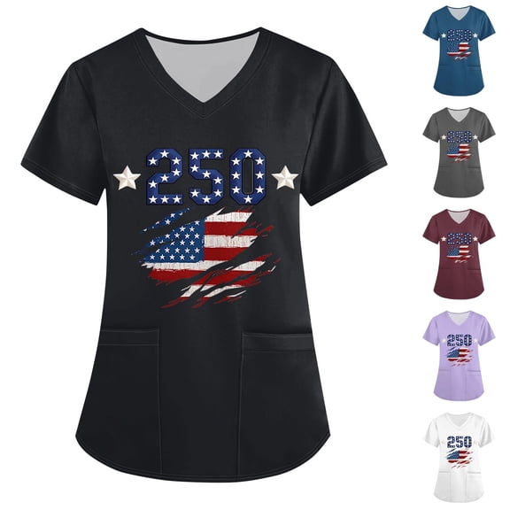 KDDYLITQ Womens 250th Anniversary Independence Day Tshirt 4th Of July Printed V Neck T-Shirts Patriotic National Flag Print July 4th Blouses Usa Flag Plus Size Short Sleeve Scrubs Tees Blue M