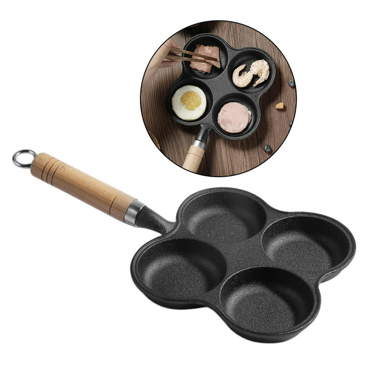 1pc Wood Handle 4-cup Egg Frying Pan Non-stick Fried Egg Dumpling Burger Pan  Kitchen Cookware For Making Sandwiches, Pancakes Etc.