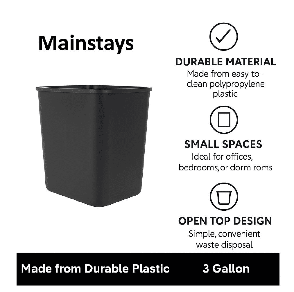 4 pack) Mainstays Bathroom Trash Can, 3 Gallon Plastic Open Top