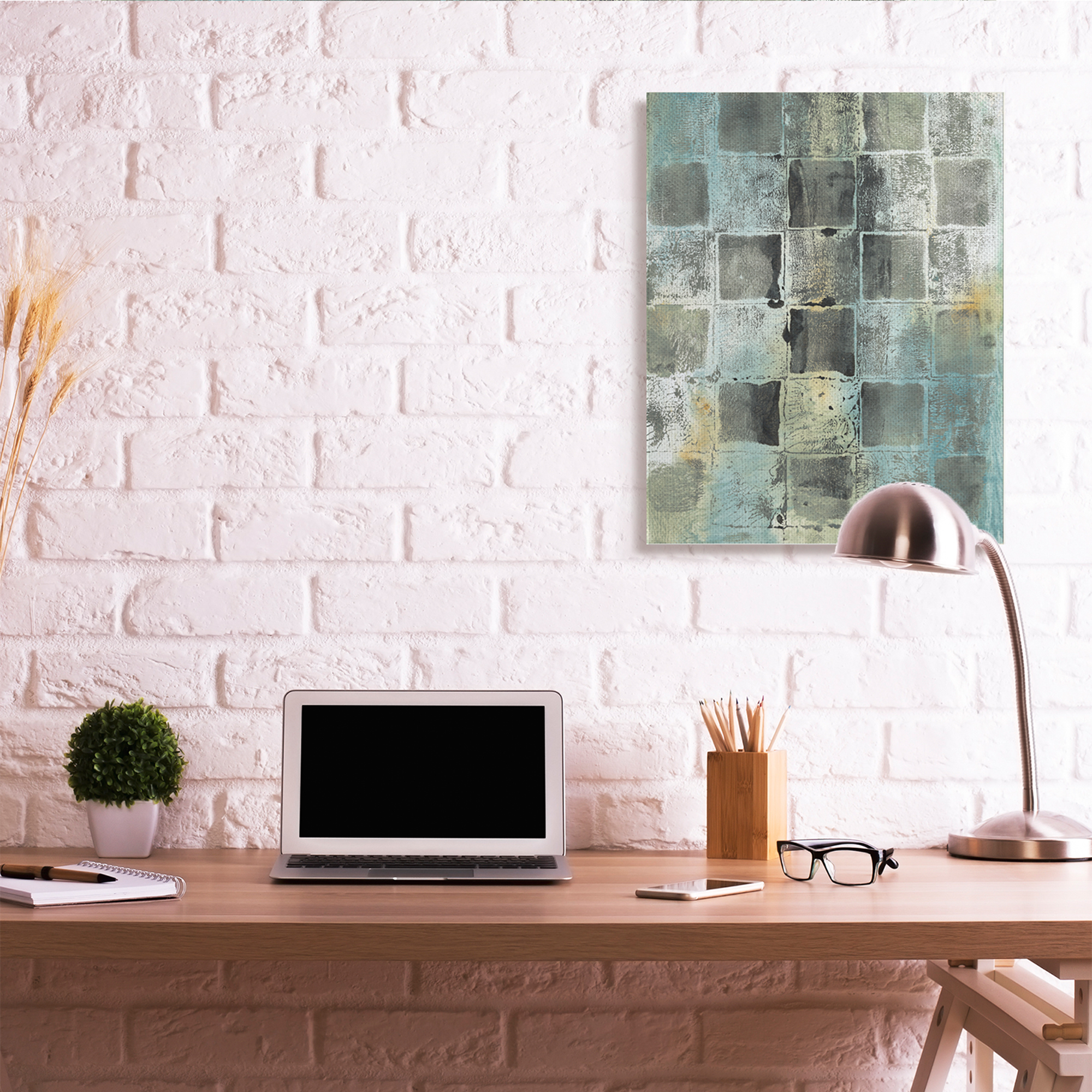 Stupell Industries Checker Block Pattern Abstraction over Blue Green Canvas Wall Art, 30 x 40, Design by Joyce Combs