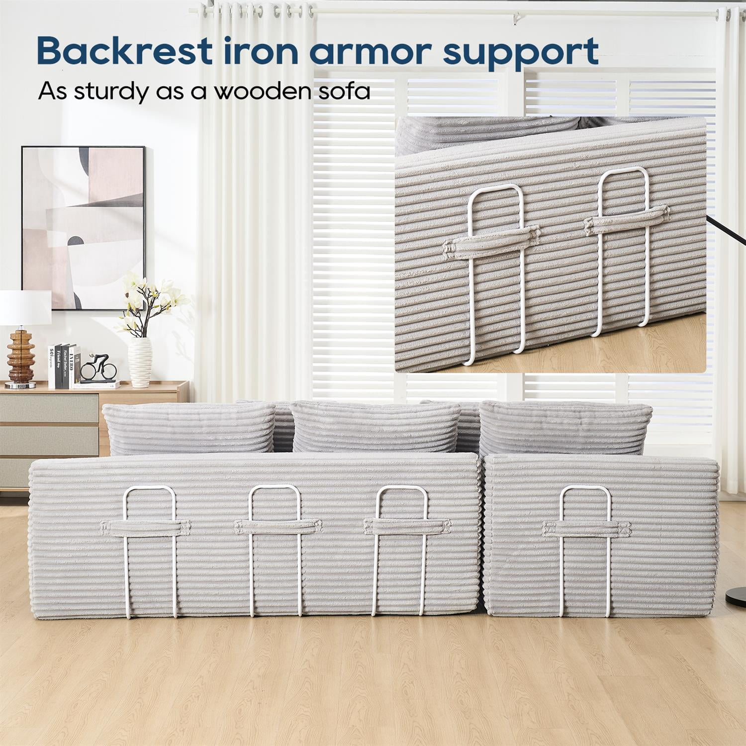 Demi Bonn 104" Convertible L-Shaped Sectional Sofa Bed with Memory Foam & Steel Frame, No Assembly Needed, Corduroy Fabric Modular Couch for Living Room, Gray