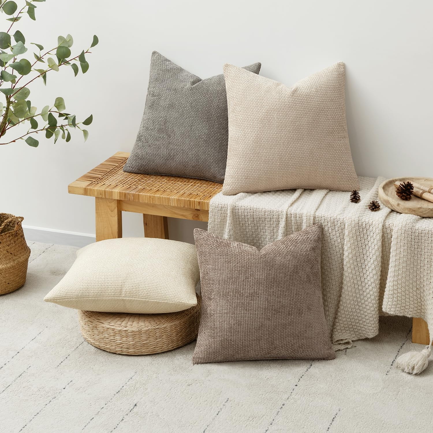 Lomyolo Set of 4 Chenille Pillow Covers - 20x20 Inch Soft Farmhouse Decor for Couch, Sofa, Bedroom Spring Summer Farmhouse Accent Boho Cushions Decor