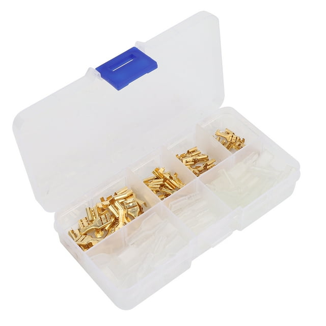 Conector de terminal de cable de cobre dorado de 120 piezas (6,3 mm, 4,8 mm y 2,8 mm) con funda, caja de almacenamiento, kit de terminales de 120 piezas.