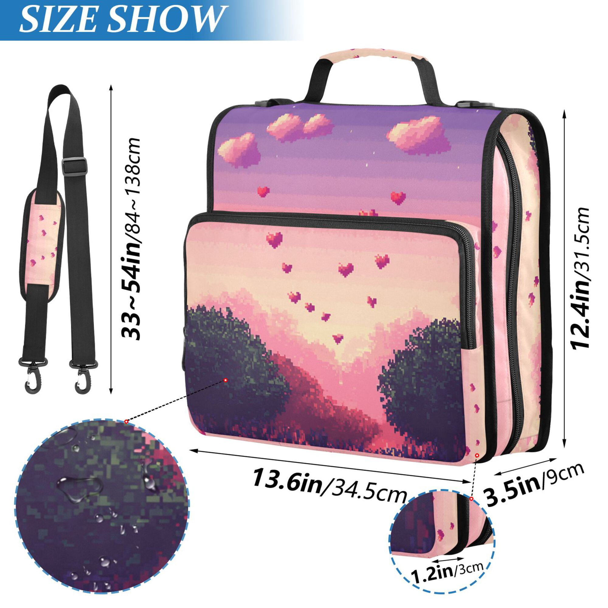 FORMRS Zipper Binder with Shoulder Strap 2-inch Ring 500 Sheet Capacity File Bag, Pixel Floating Hearts