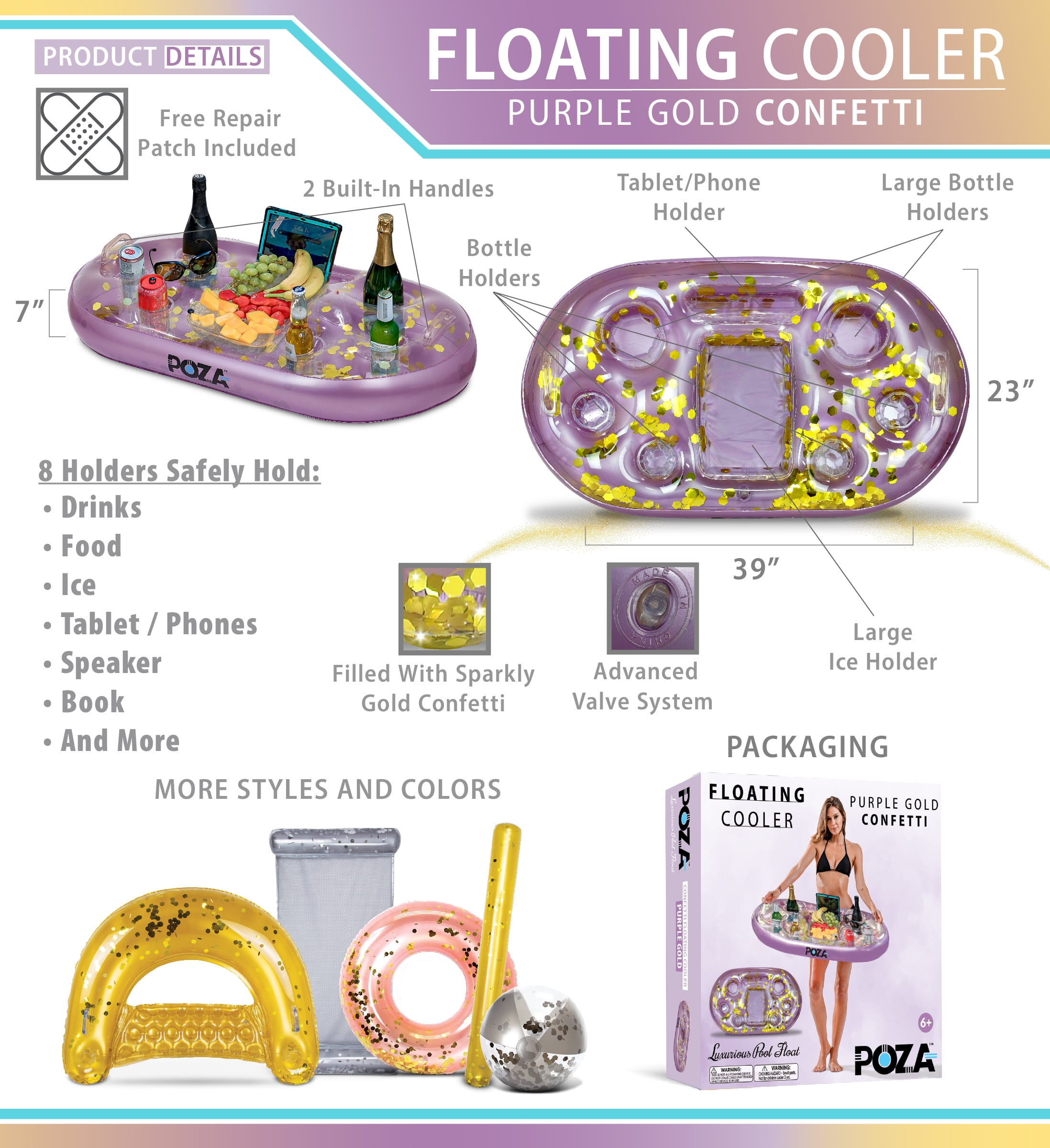POZA Inflatable Sparkly Confetti Floating Cooler Pool Float, Purple Gold, 39"x23"