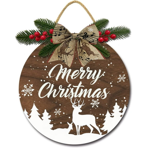 Eveokoki 12" Christmas Wood Sign,Merry Xmas Sign for Front Door,Round Rustic Wooden Plaque Farmhouse Hanging Decor