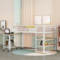 Aukfa Twin Loft Bed with Desk and Storage Shelves, Metal Low Loft Bed for Kids Teens, White