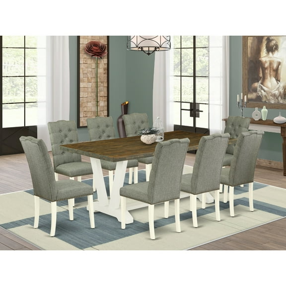 East West Furniture V077EL207-9 9-Piece Dinette Set- 8 Mid Century Dining Chairs with Smoke Linen Fabric Seat and Button Tufted Chair Back - Rectangular Table Top & Wooden Legs - Distressed...