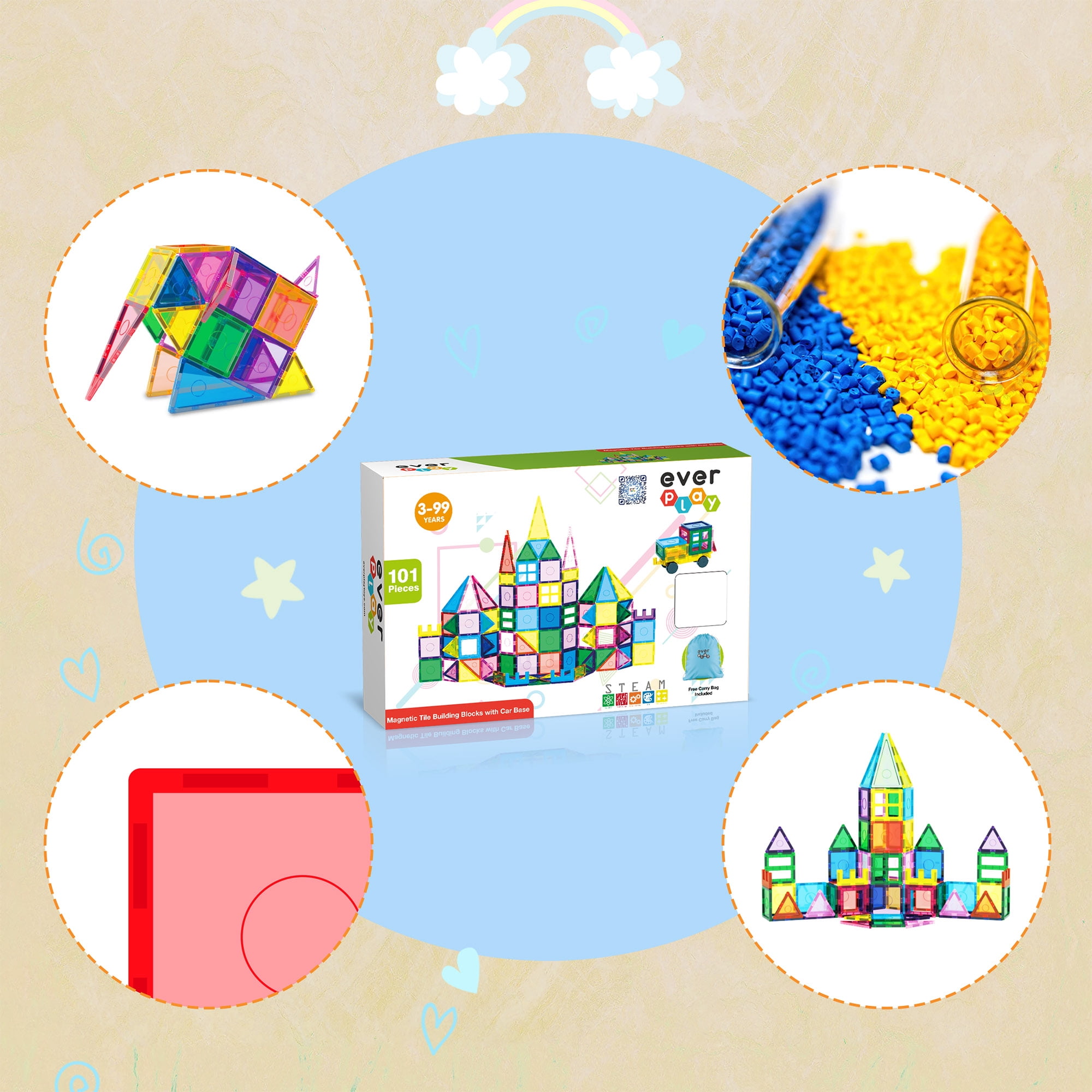 EverPlay Magnetic Tiles for Kids - STEM 101PCS Construction Building Blocks Educational Toy
