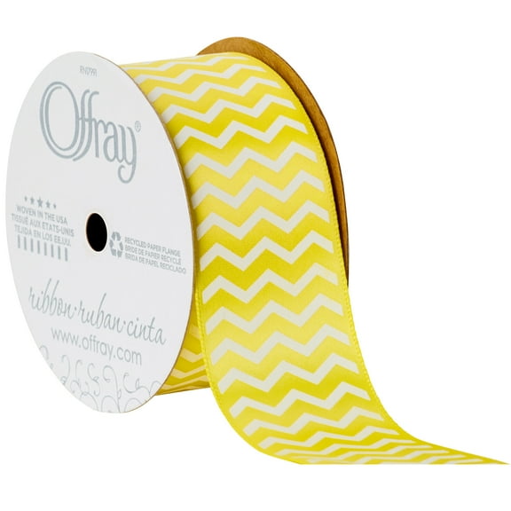 Offray Ribbon, Chevron Lemon Yellow 1 1/2 inch Single Face Satin Polyester Ribbon, 9 feet