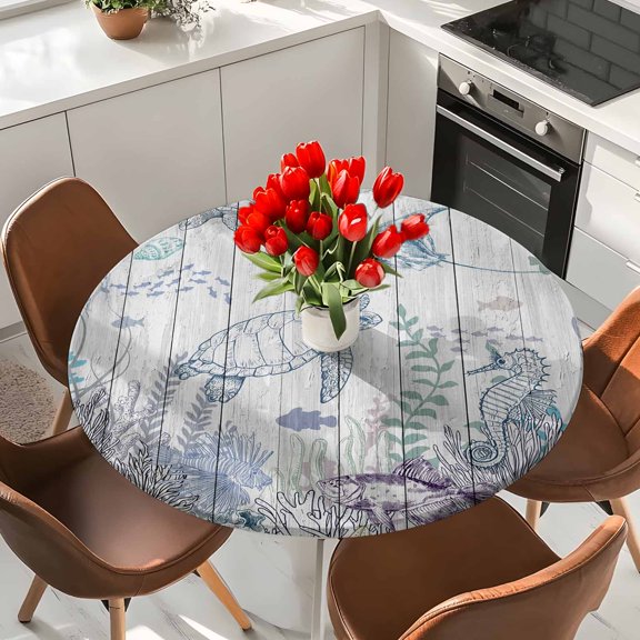 Ocean Watercolor Elastic Fitted Round Tablecloth Coastal Beach Turtles Corals Wooden Waterproof Outdoor Table Cover for Holiday Party, Picnic, Patio & Dining Fits Tables Up to 36"-44"