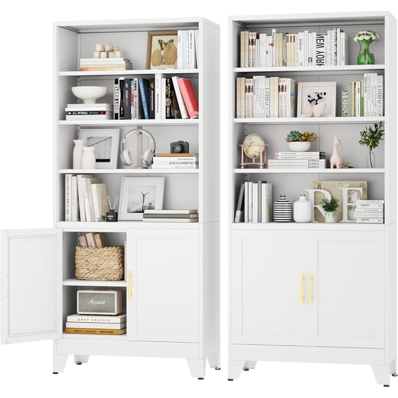 Metal Bookshelves and Bookcases with Storage Doors Floor Standing 6 Shelf Display Storage Shelves 71 in Tall Bookcase for Home Office, Living Room (White1)