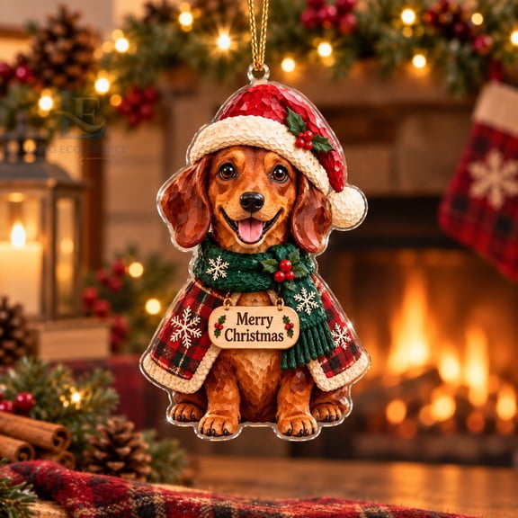 Acrylic Dachshund Christmas Ornament Santa Hat Tree Hanging for Dog Lovers
