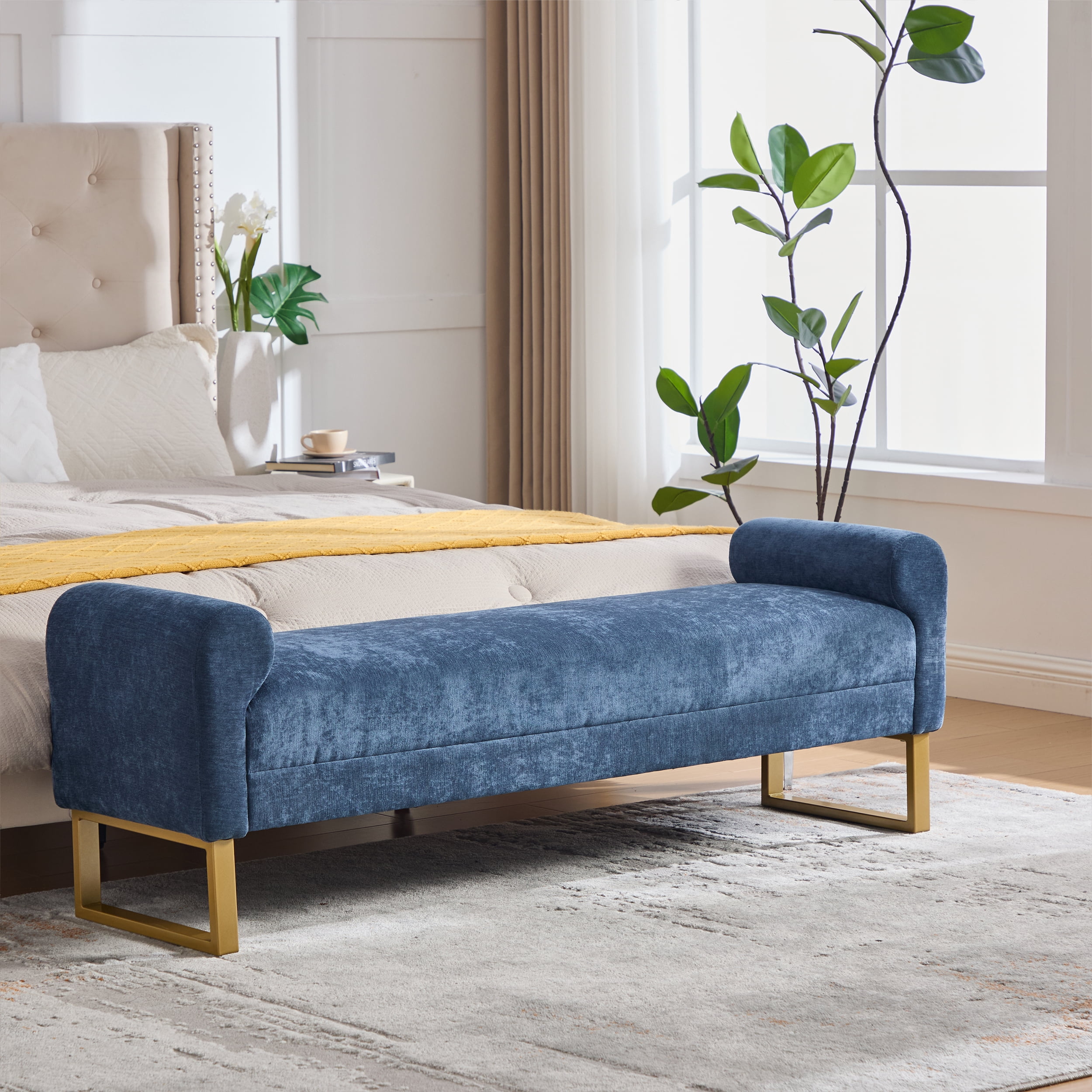 Ottoman Bench 65.4 Inch, Chenille Upholstered Bench with Gold Metal Legs, End of Bed Bench for Bedroom and Living Room, Blue