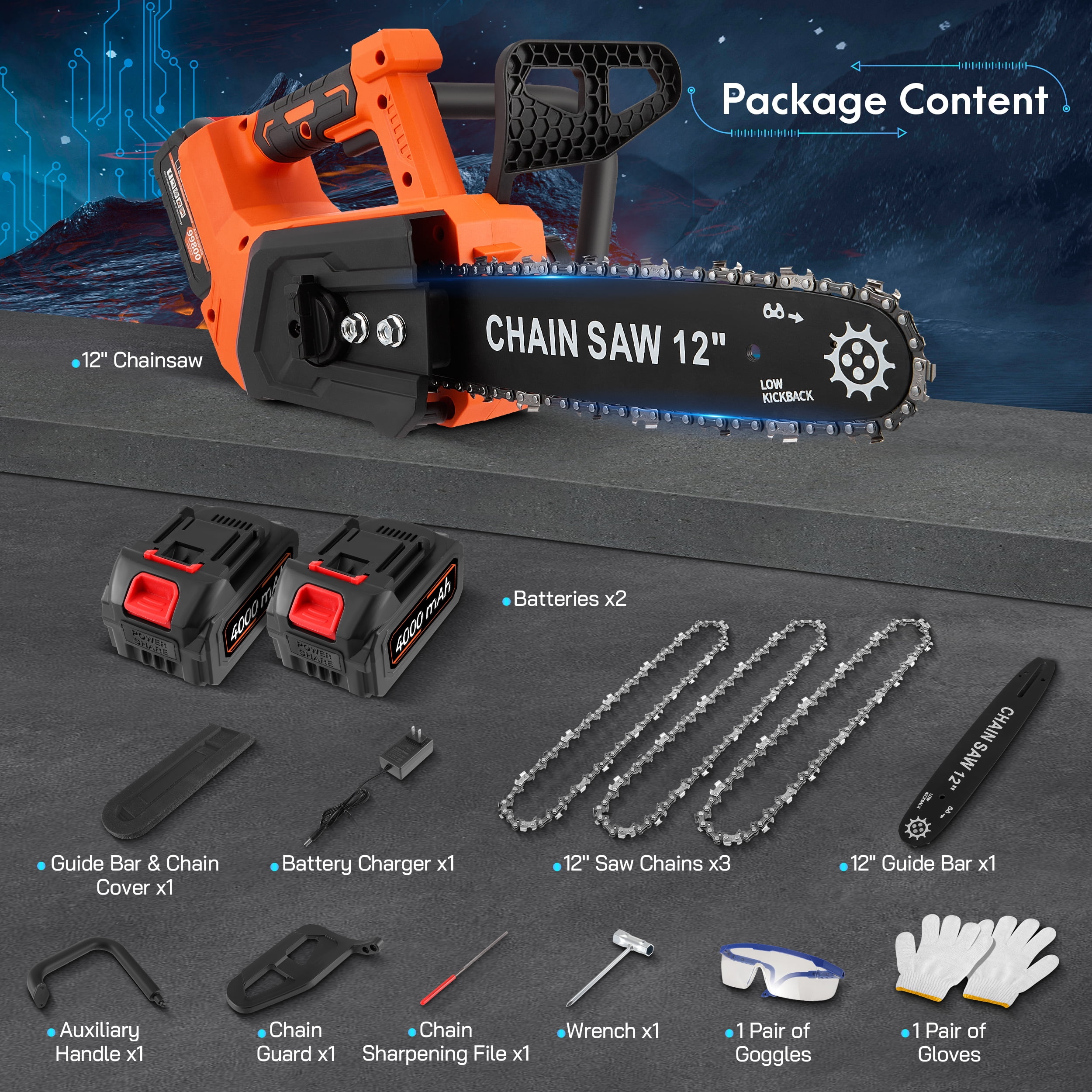 RELOIVE 12" Chainsaw, Cordless battery Chainsaw with 2x 4.0Ah Batteries , Electric Chainsaw with 1200W Brushless Motor, Automatic Lubrication, Power Chain Saw for Wood Cutting Tree Trimming