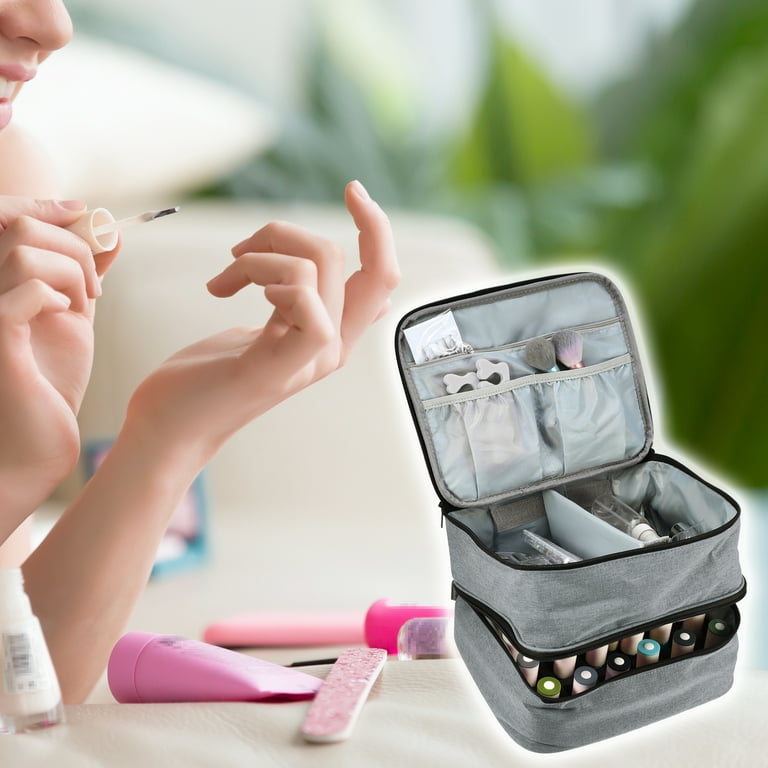 Unique Bargains 1 Pcs Nail Polish Carrying Case Double Layer Nail Polish Organizer Case for Nail Polish Nylon Gray, Size: 10.24x8.27x7.09(Large*W*H)