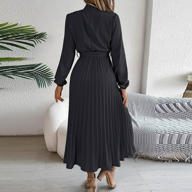 LYEAA Semi Formal Dresses for Women Wedding Guest Long Sleeve Long Dress Wrap Flowy Elegant Homecoming Dress Solid Color Belted Dress Fashion Holiday Party Dress Pleated Ball Gown Black XL