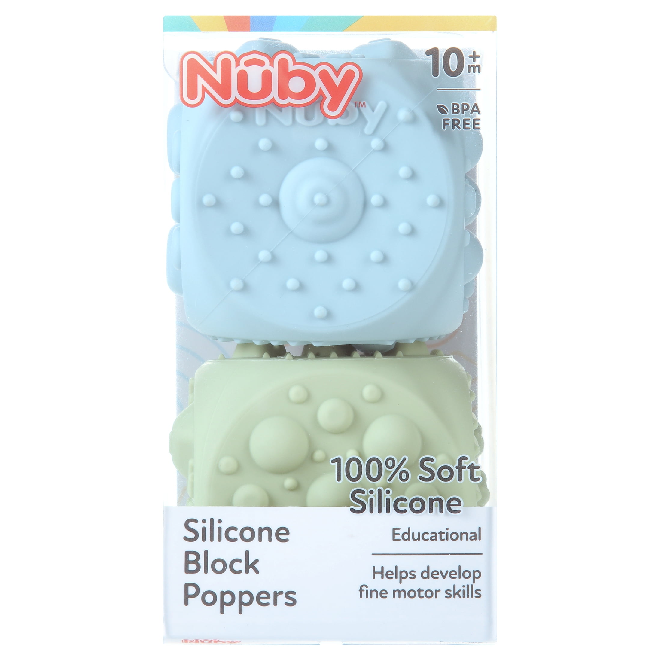 Nuby Silicone Block Poppers Sensory Teether Toy for Babies, Blue/Green, 2 Count