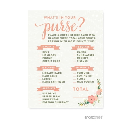 Andaz Press What's In Your Purse? Floral Roses Baby Shower Game, 20 Pack