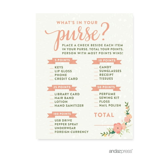 Andaz Press What's In Your Purse? Floral Roses Baby Shower Game, 20 Pack