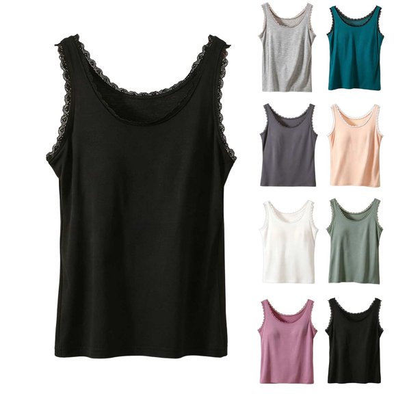 Aezemi Women Lace Padded Cami Tops, Soft Sleeveless Built-in-Bras Round Neck Camisole, Casual Summer Home Comfy Tank Tops, L-4XL