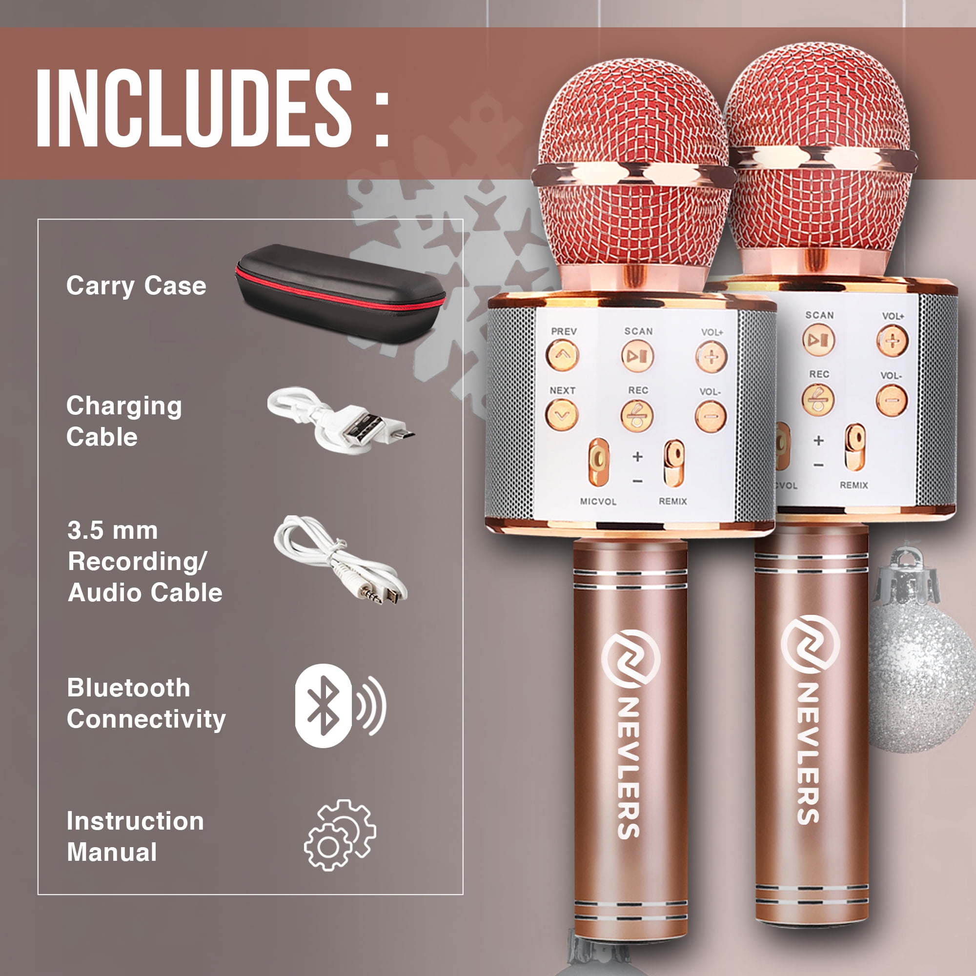 Mockins Rose Gold Handheld Singing Microphones | 2-Pack | Bluetooth Speakers